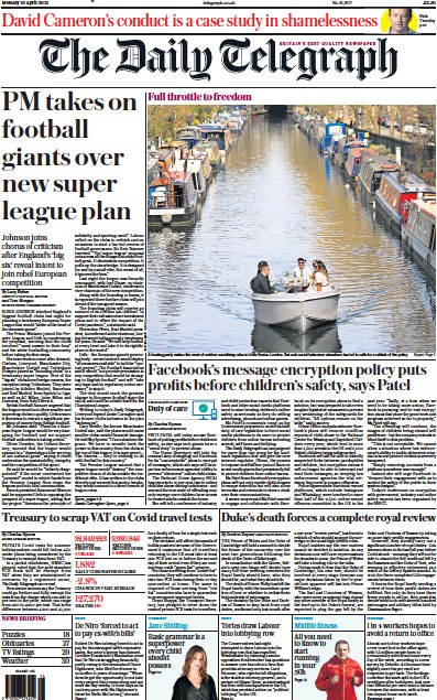 The Daily Telegraph Newspaper Front Page (UK) for 19 April 2021