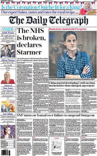 The Daily Telegraph Newspaper Front Page (UK) for 19 April 2023