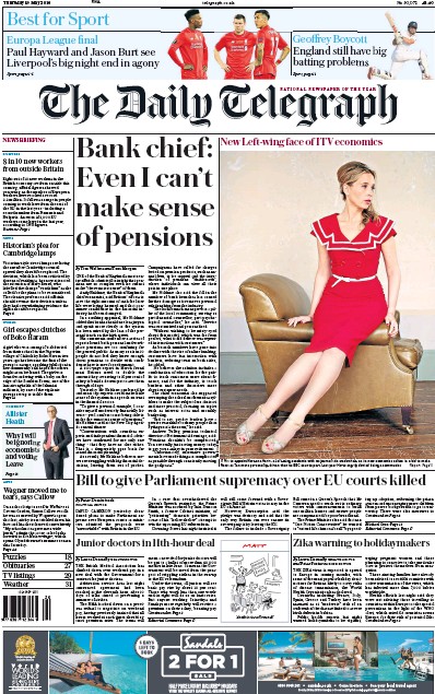 The Daily Telegraph Newspaper Front Page (UK) for 19 May 2016