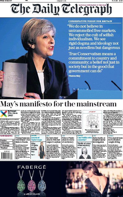 The Daily Telegraph Newspaper Front Page (UK) for 19 May 2017