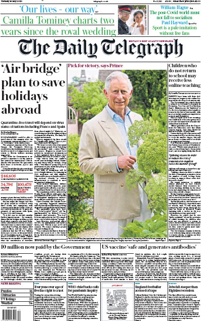 The Daily Telegraph Newspaper Front Page (UK) for 19 May 2020