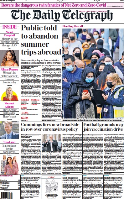 The Daily Telegraph Newspaper Front Page (UK) for 19 May 2021