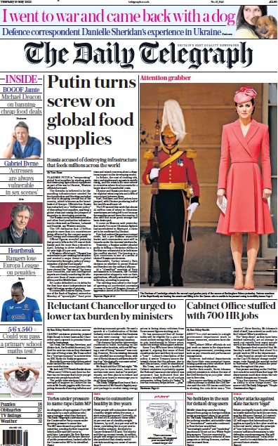 The Daily Telegraph Newspaper Front Page (UK) for 19 May 2022