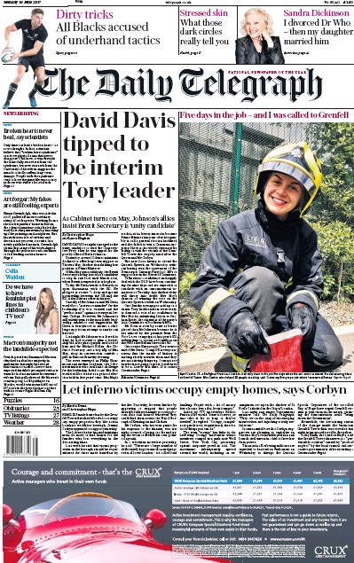 The Daily Telegraph Newspaper Front Page (UK) for 19 June 2017