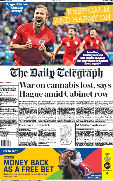 The Daily Telegraph Newspaper Front Page (UK) for 19 June 2018