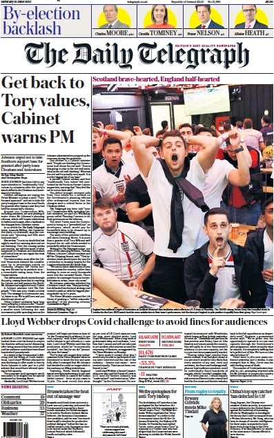 The Daily Telegraph Newspaper Front Page (UK) for 19 June 2021