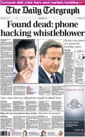 The Daily Telegraph Newspaper Front Page (UK) for 19 July 2011