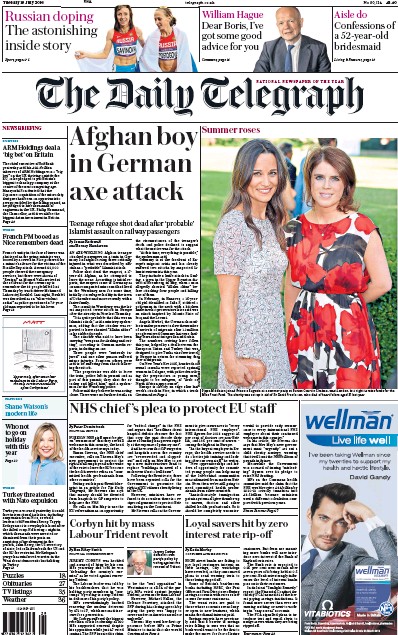The Daily Telegraph Newspaper Front Page (UK) for 19 July 2016