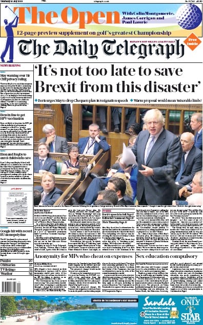 The Daily Telegraph Newspaper Front Page (UK) for 19 July 2018