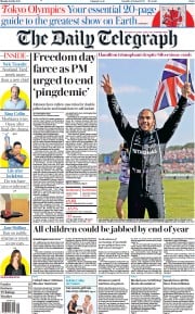 The Daily Telegraph (UK) Newspaper Front Page for 19 July 2021