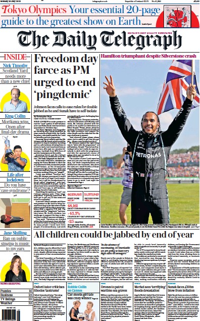 The Daily Telegraph Newspaper Front Page (UK) for 19 July 2021