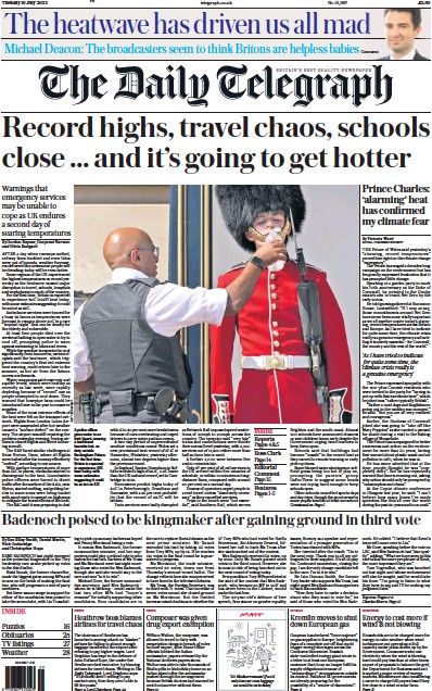 The Daily Telegraph Newspaper Front Page (UK) for 19 July 2022