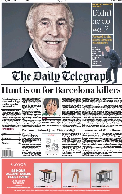 The Daily Telegraph Newspaper Front Page (UK) for 19 August 2017