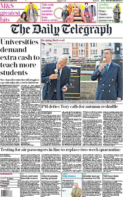 The Daily Telegraph Newspaper Front Page (UK) for 19 August 2020