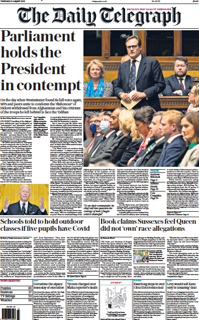 The Daily Telegraph Newspaper Front Page (UK) for 19 August 2021