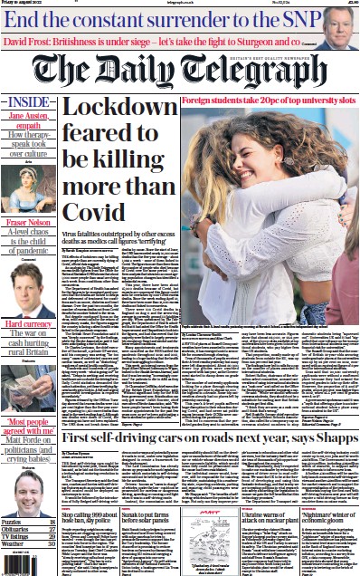 The Daily Telegraph Newspaper Front Page (UK) for 19 August 2022