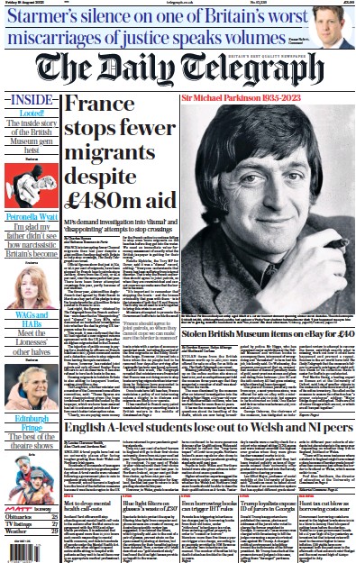 The Daily Telegraph Newspaper Front Page (UK) for 19 August 2023