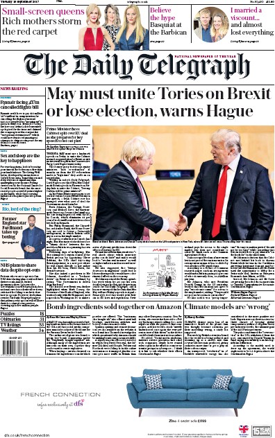 The Daily Telegraph Newspaper Front Page (UK) for 19 September 2017