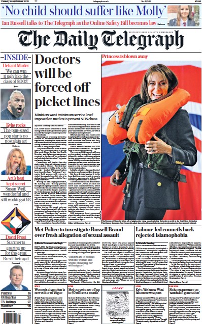 The Daily Telegraph Newspaper Front Page (UK) for 19 September 2023