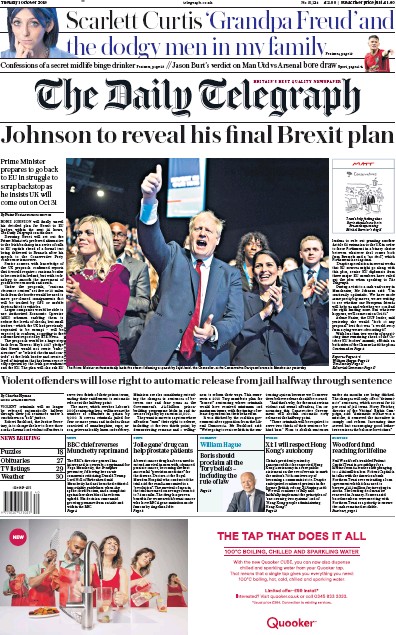 The Daily Telegraph Newspaper Front Page (UK) for 1 October 2019