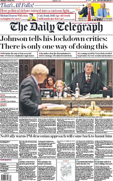 The Daily Telegraph Newspaper Front Page (UK) for 1 October 2020