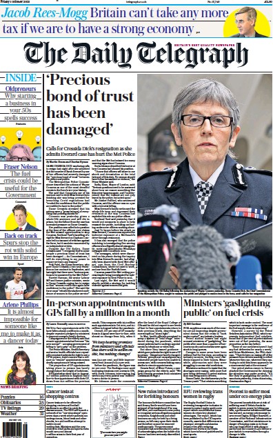 The Daily Telegraph Newspaper Front Page (UK) for 1 October 2021