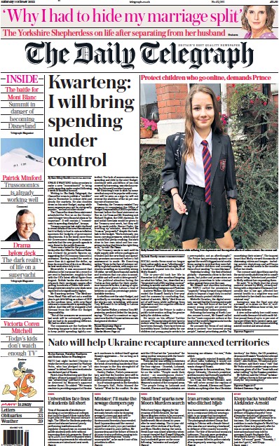 The Daily Telegraph Newspaper Front Page (UK) for 1 October 2022