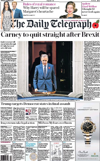 The Daily Telegraph Newspaper Front Page (UK) for 1 November 2016