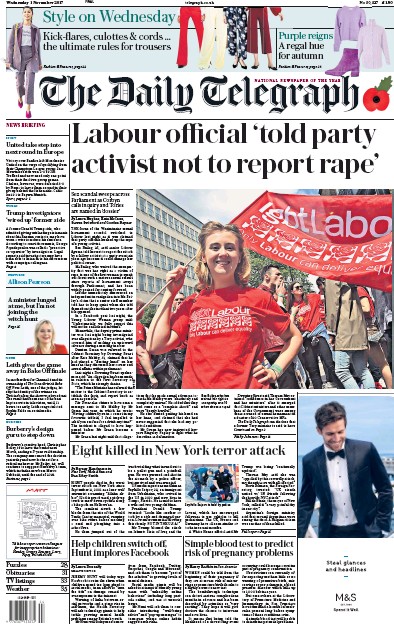 The Daily Telegraph Newspaper Front Page (UK) for 1 November 2017