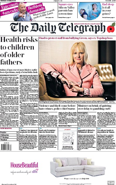 The Daily Telegraph Newspaper Front Page (UK) for 1 November 2018