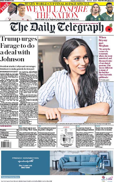 The Daily Telegraph Newspaper Front Page (UK) for 1 November 2019