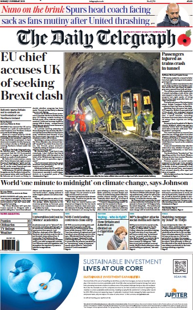 The Daily Telegraph Newspaper Front Page (UK) for 1 November 2021