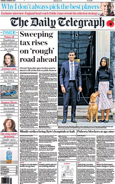 The Daily Telegraph Newspaper Front Page (UK) for 1 November 2022