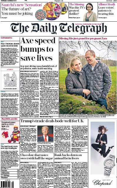 The Daily Telegraph Newspaper Front Page (UK) for 1 December 2016