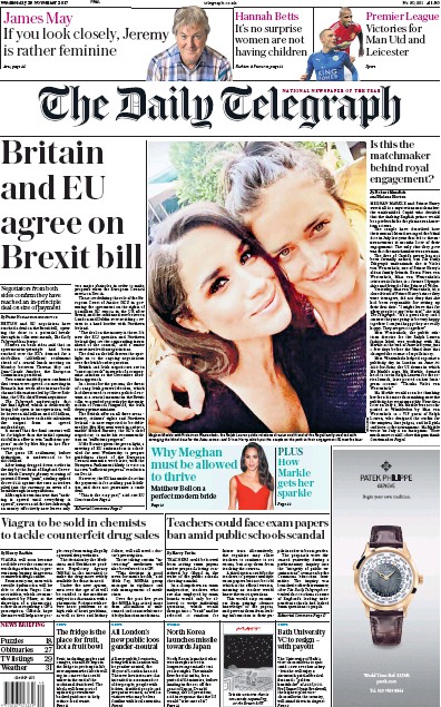 The Daily Telegraph Newspaper Front Page (UK) for 1 December 2017