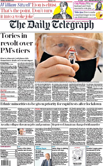 The Daily Telegraph Newspaper Front Page (UK) for 1 December 2020