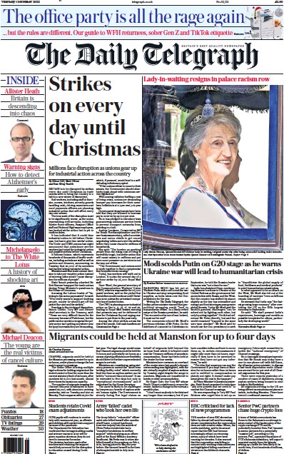 The Daily Telegraph Newspaper Front Page (UK) for 1 December 2022