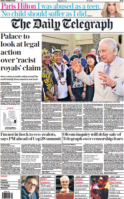The Daily Telegraph Newspaper Front Page (UK) for 1 December 2023