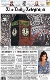 The Daily Telegraph Newspaper Front Page (UK) for 1 January 2014