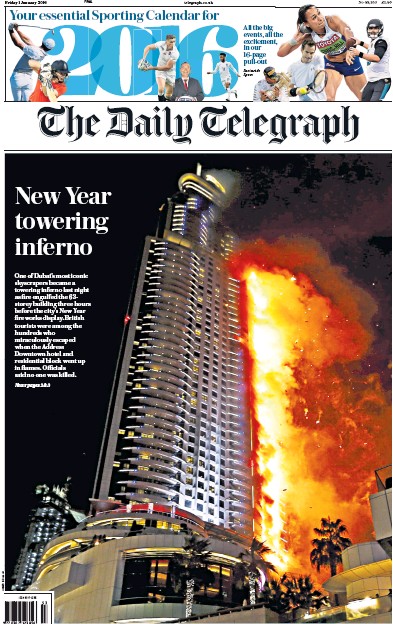 The Daily Telegraph Newspaper Front Page (UK) for 1 January 2016