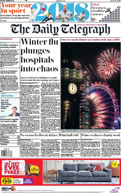 The Daily Telegraph Newspaper Front Page (UK) for 1 January 2018