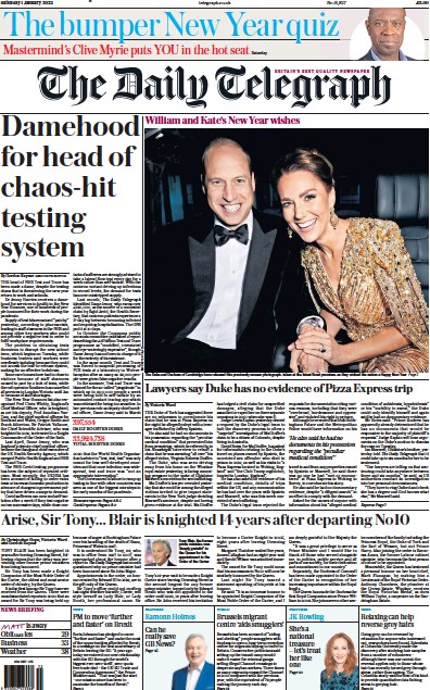 The Daily Telegraph Newspaper Front Page (UK) for 1 January 2022