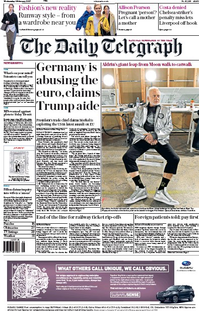 The Daily Telegraph Newspaper Front Page (UK) for 1 February 2017