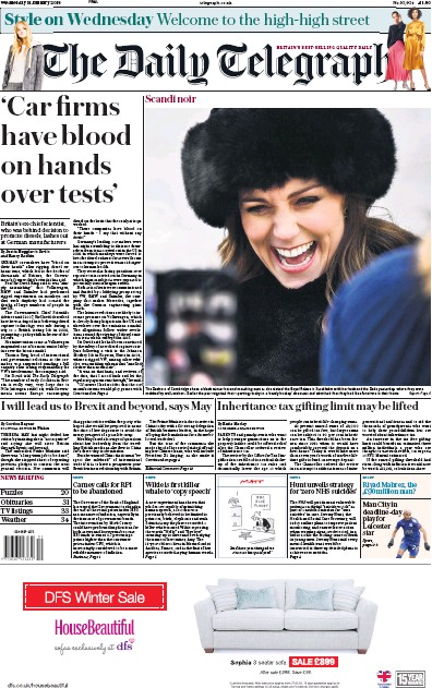 The Daily Telegraph Newspaper Front Page (UK) for 1 February 2018