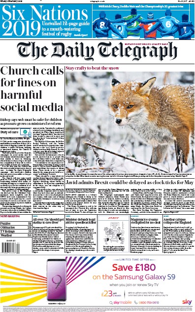 The Daily Telegraph Newspaper Front Page (UK) for 1 February 2019