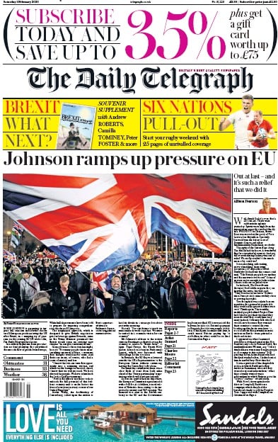 The Daily Telegraph Newspaper Front Page (UK) for 1 February 2020