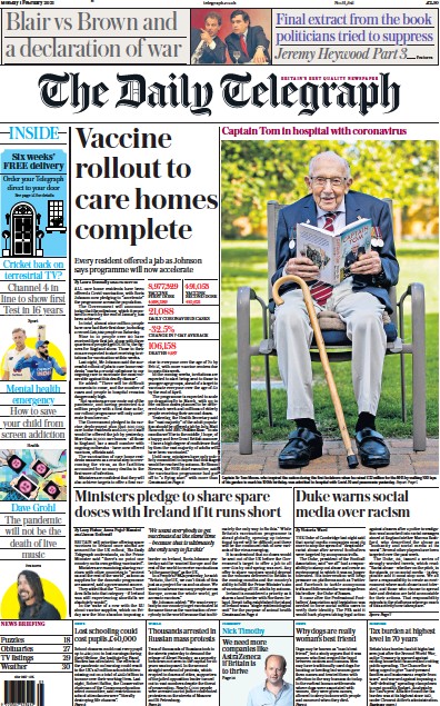 The Daily Telegraph Newspaper Front Page (UK) for 1 February 2021