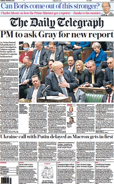The Daily Telegraph Newspaper Front Page (UK) for 1 February 2022