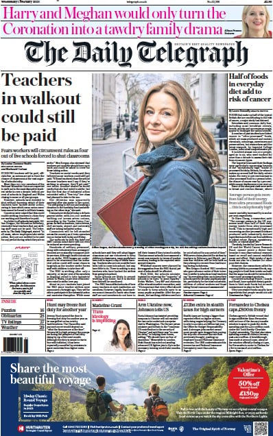 The Daily Telegraph Newspaper Front Page (UK) for 1 February 2023