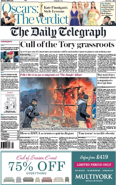 The Daily Telegraph Newspaper Front Page (UK) for 1 March 2016